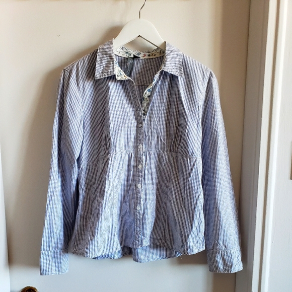 Razzle Dazzle Blue White Pinstripe Floral Button Down Button Cuffs Woman Large - Picture 1 of 8